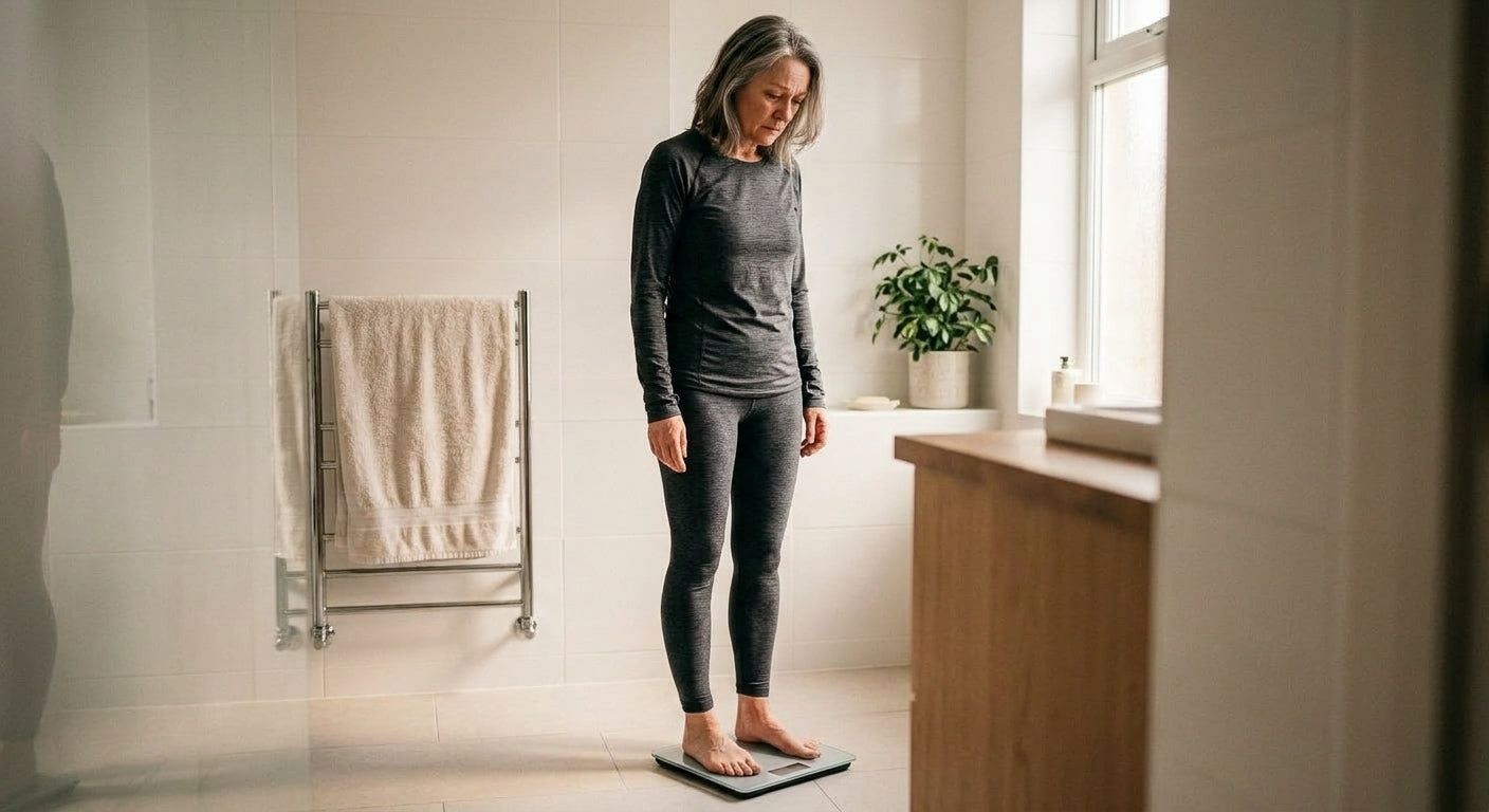 Woman frustrated on the bathroom scale