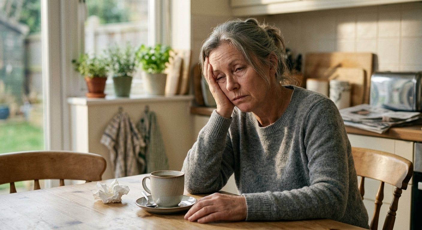 Woman exhausted at the kitchen table in daylight