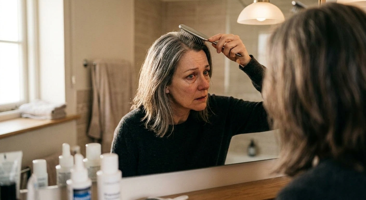 Woman noticing her hair thinning in the mirror
