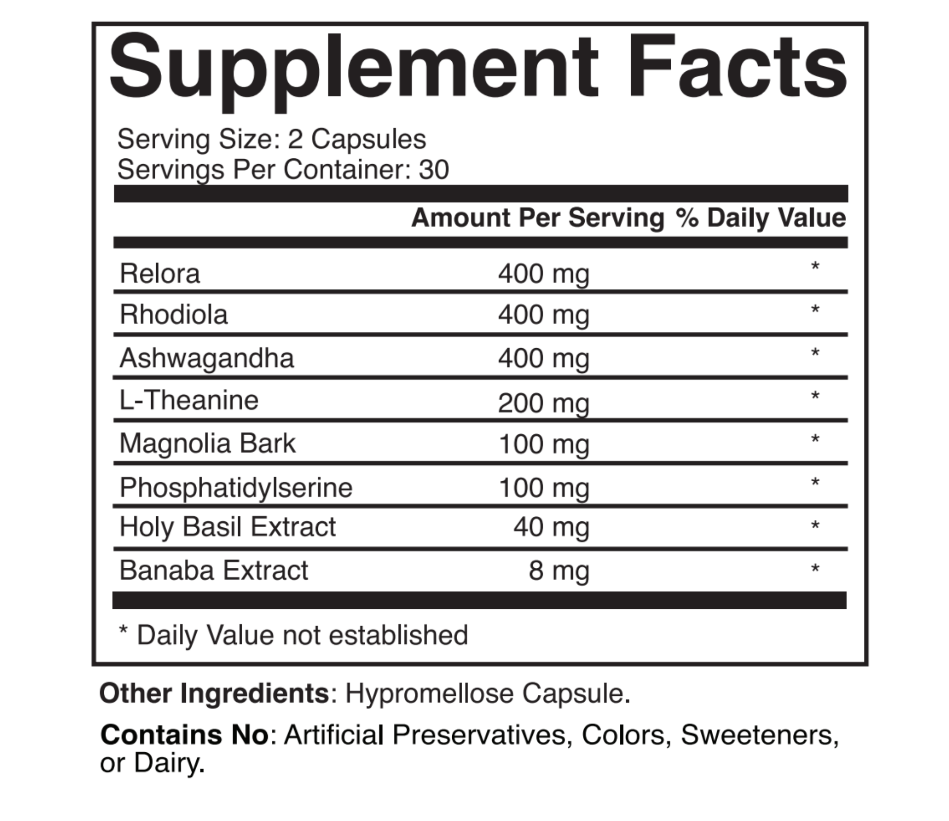 Cortisol Control Supplement Facts label