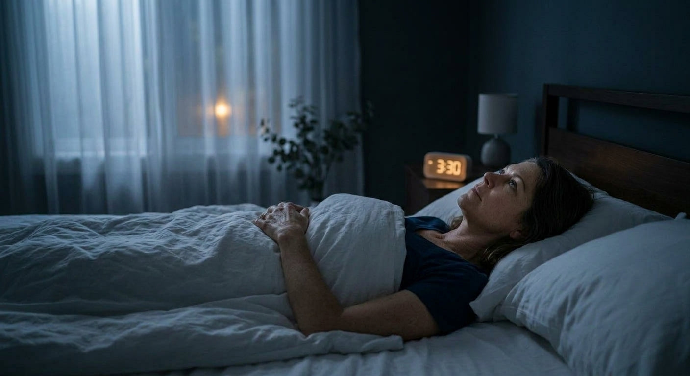 Woman lying awake at night unable to sleep