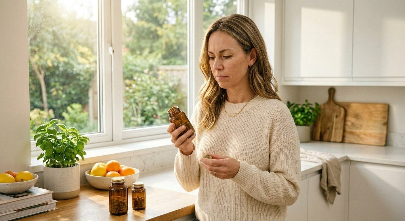 Woman skeptical of a single supplement bottle