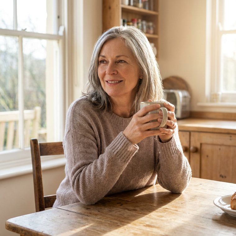 Woman sitting calmly with a mug at a kitchen table