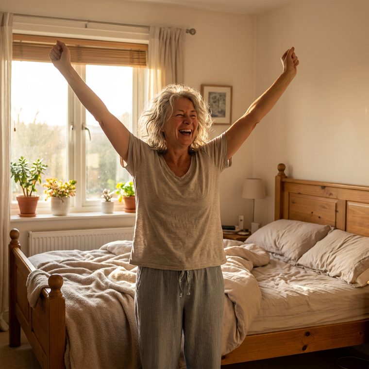Woman stretching as she wakes up