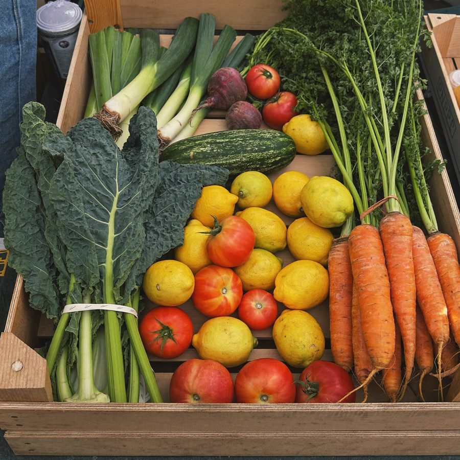 A crate of fresh vegetables