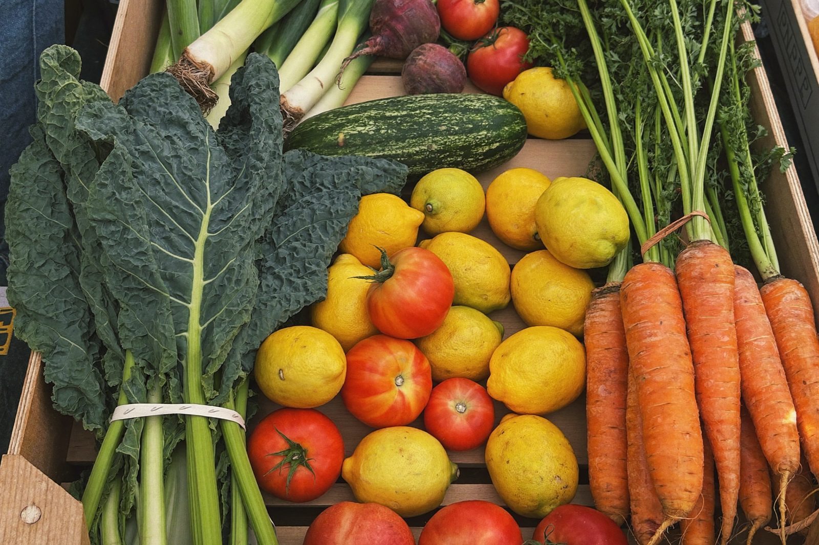 A market display of fresh vegetables