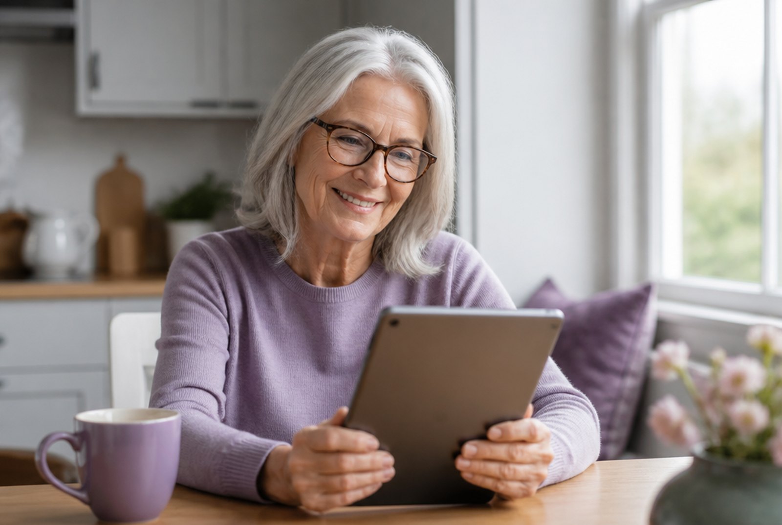 An older woman sitting at her kitchen table with a tablet and a cup of tea