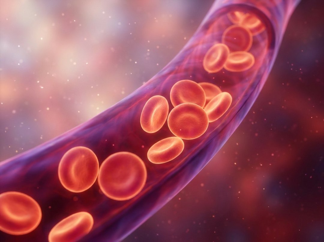 Blood cells flowing freely through a healthy vessel.
