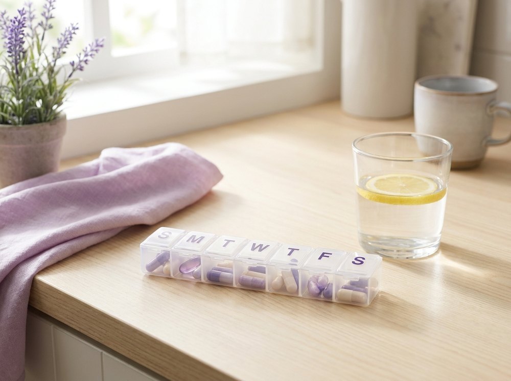 A daily pill organizer with a glass of water