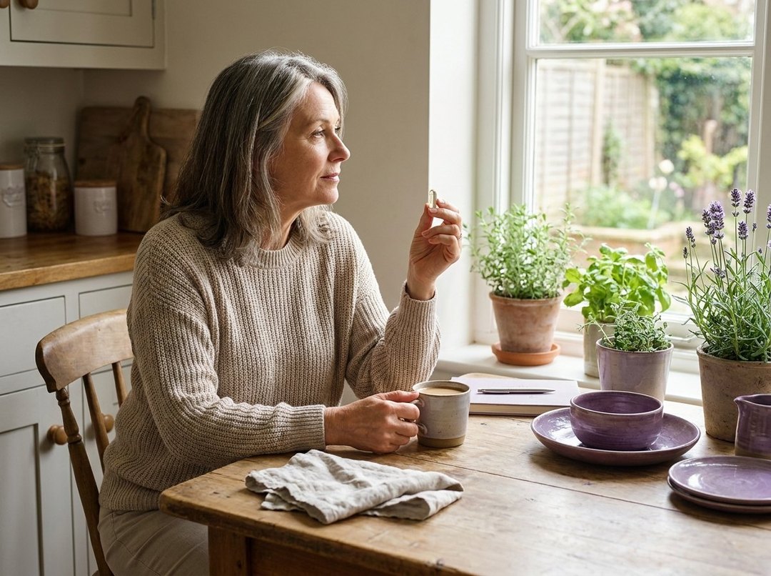 A woman taking her daily capsule with morning coffee