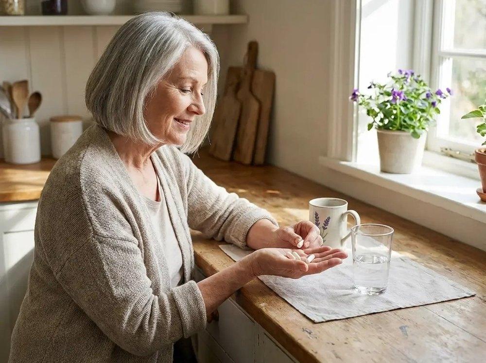 A woman taking her probiotic as part of her morning routine