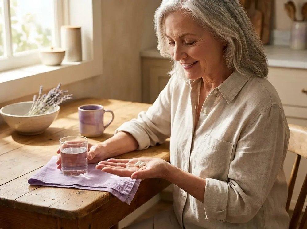 A woman taking her daily probiotic capsules with a glass of water
