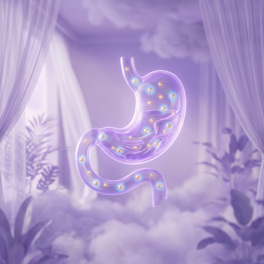 Good bacteria surviving the trip and reaching the gut alive, glowing inside a stylized digestive tract