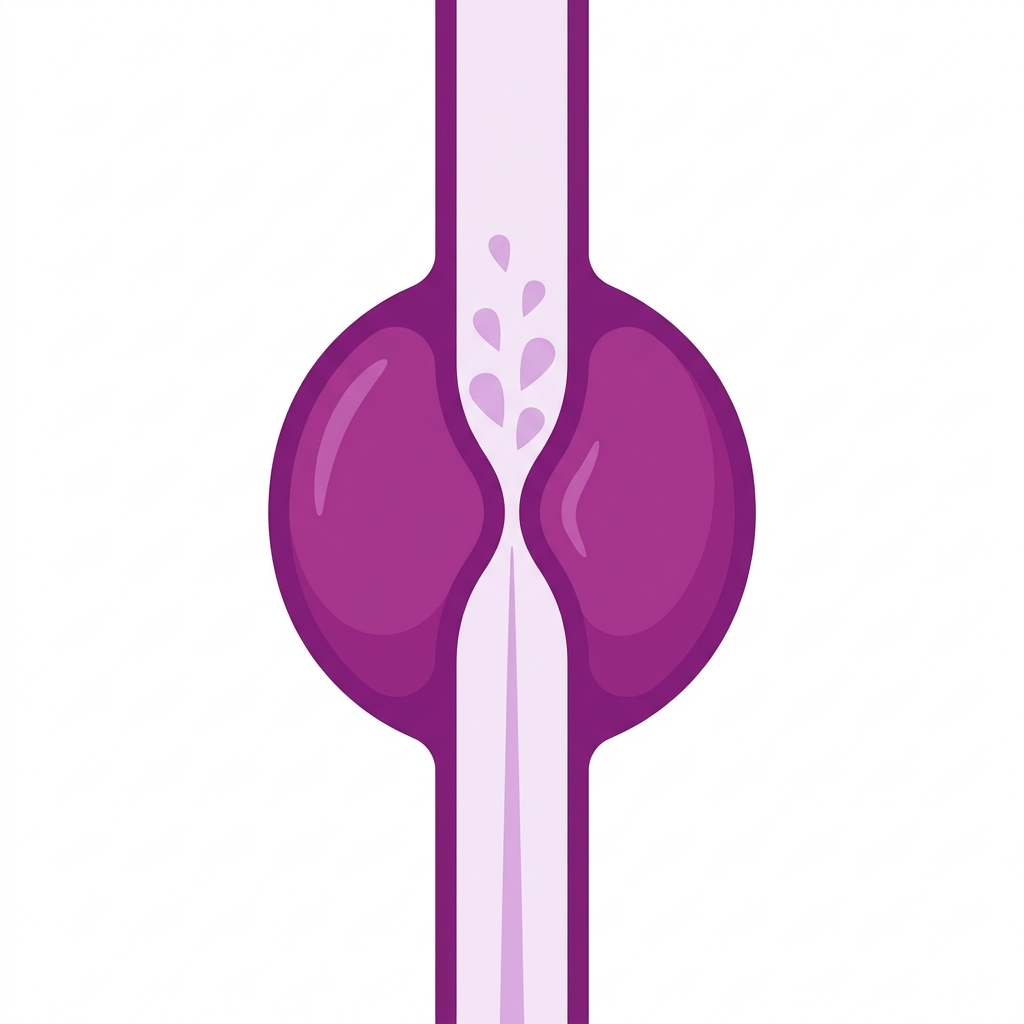 Diagram of the prostate bottleneck: the single tube that carries urine is squeezed in the middle by a swollen prostate gland, choking the flow.