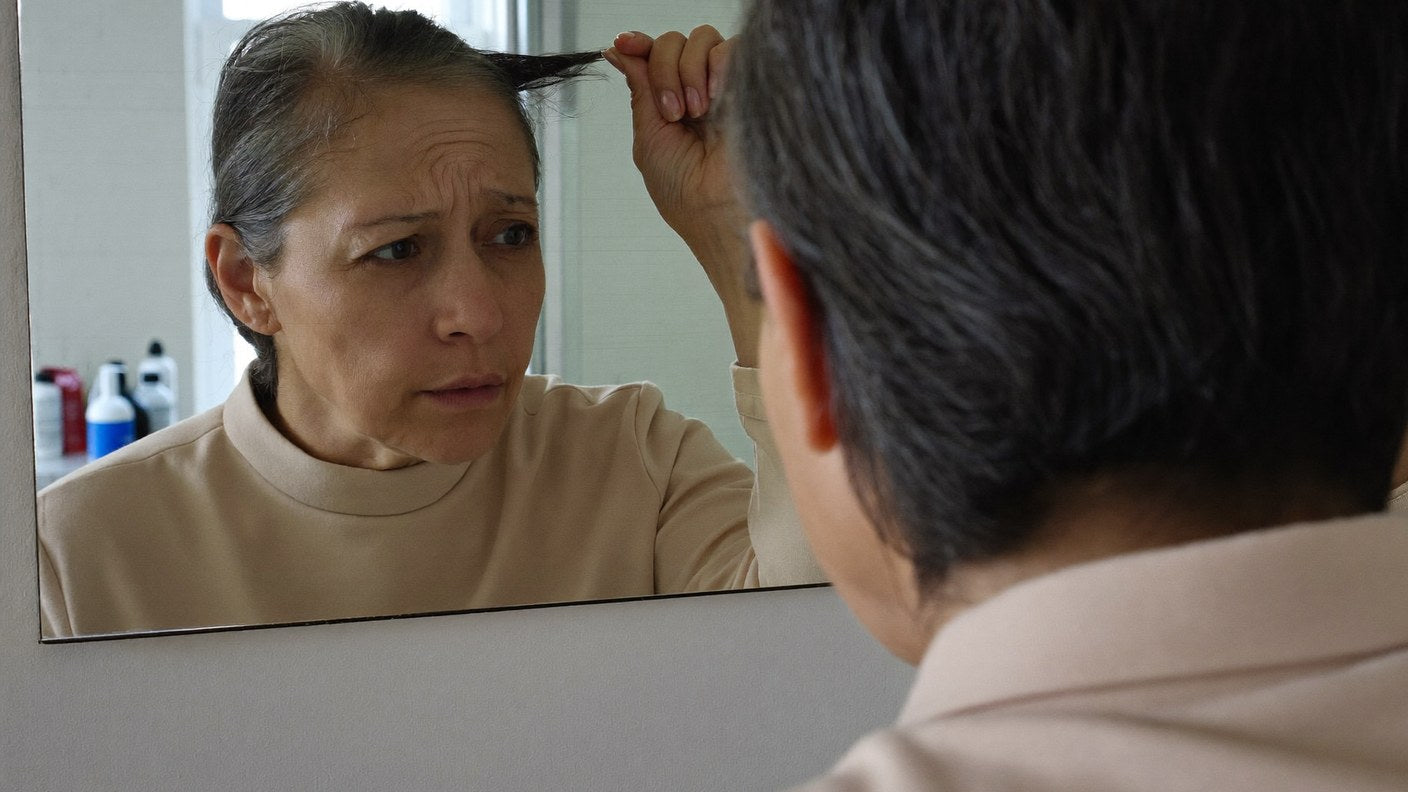 A woman in her fifties at the bathroom mirror, holding up a thin section of her hair