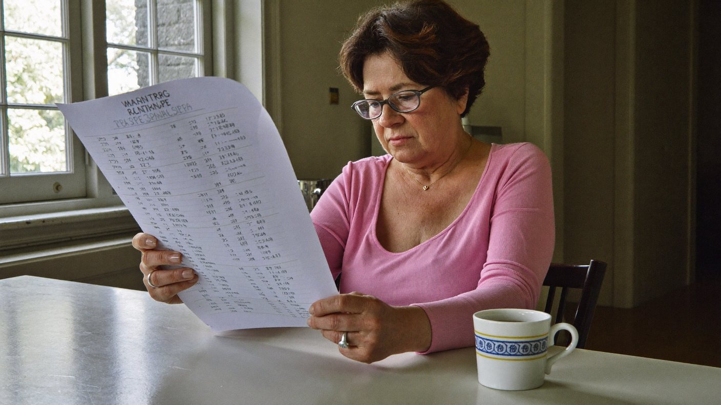 A woman in her fifties at her kitchen table reading a printed lab report
